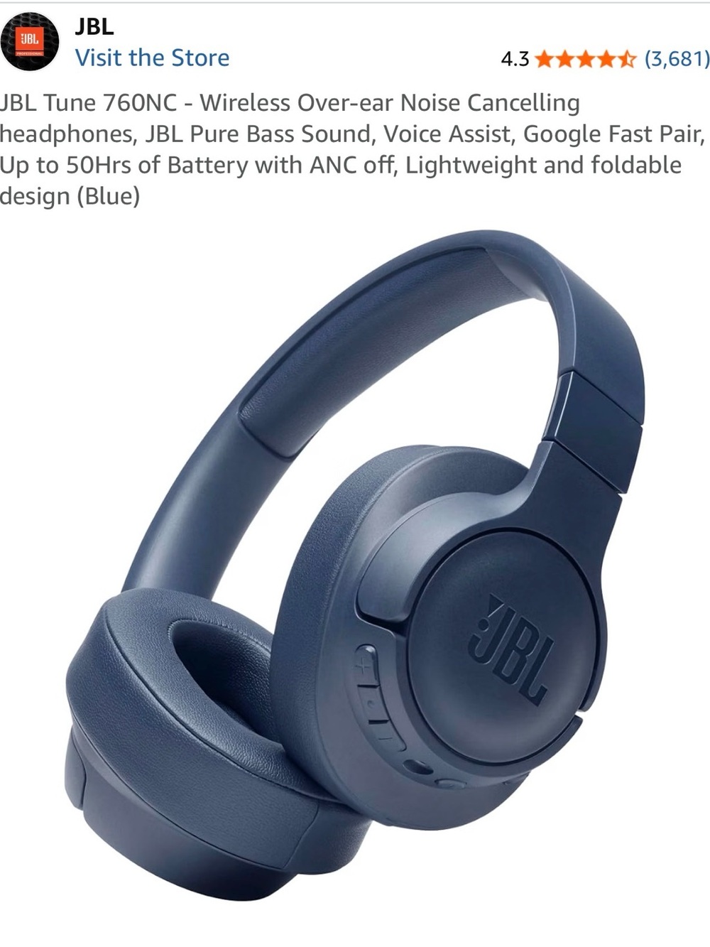 JBL Over-Ear Wireless Headphones — Navy Blue Finish